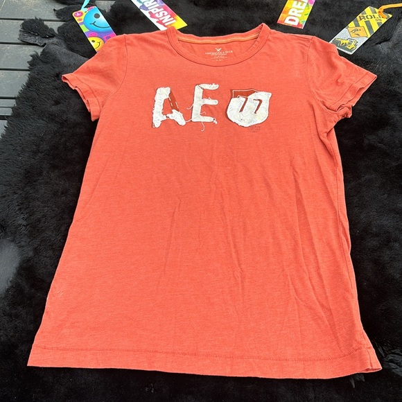American Eagle Outfitters Orange Distressed SS Tee AEO Embossed Letters L - Picture 9 of 15